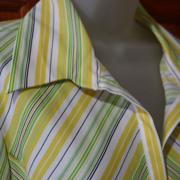 Ninety Vintage Chevron Striped Button-Up Blouse Yellow Green Size LG - Picture 3 of 13